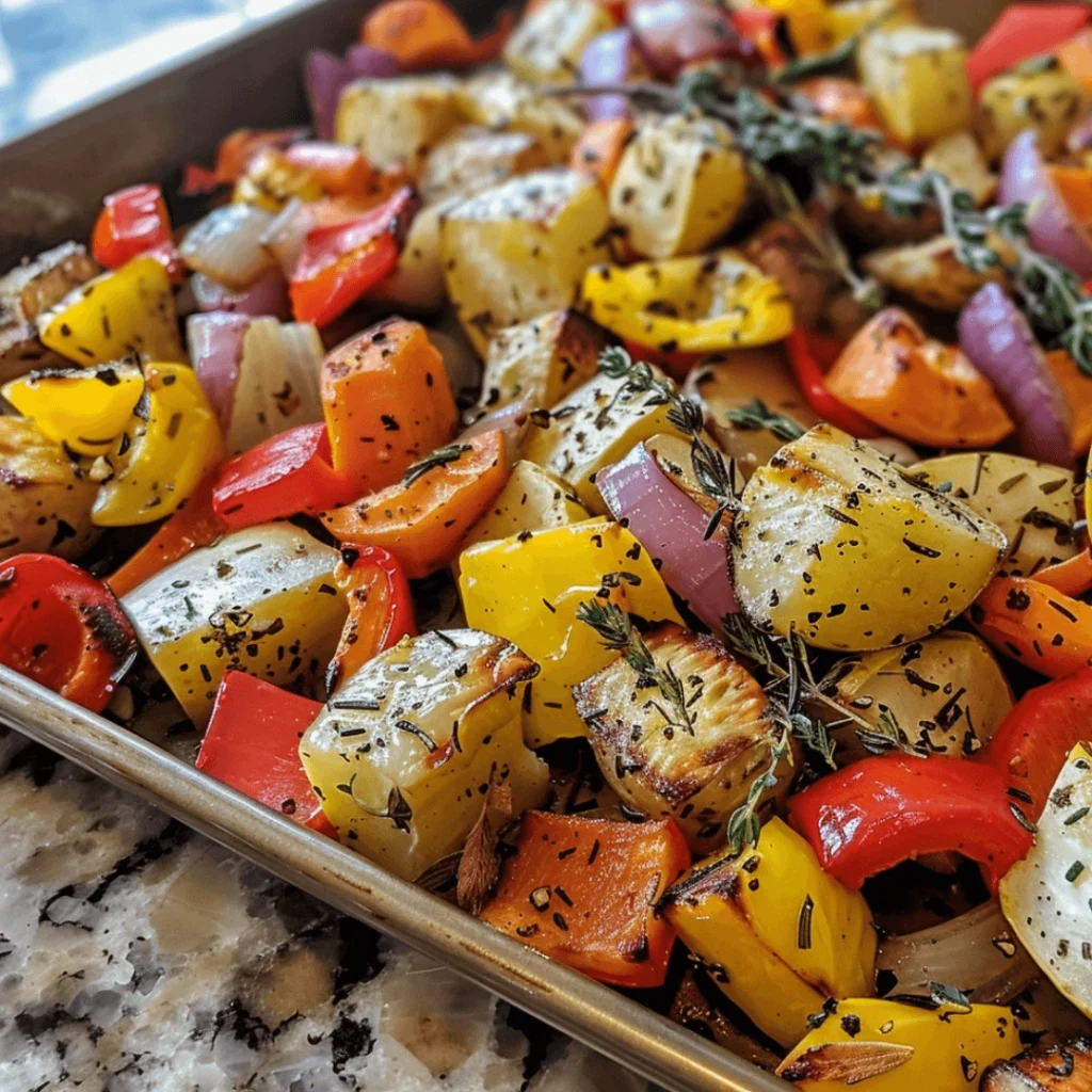 Easy Herb-Infused Roasted Veggies | Healthy Side Dish Recipe 1 Herb-infused roasted vegetables on a baking sheet, golden and crispy.
