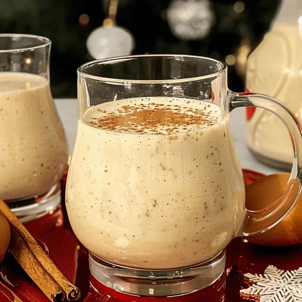 Easy Homemade Eggnog Recipe | Creamy & Delicious Holiday Drink 1 Easy homemade eggnog in a glass topped with nutmeg and cinnamon.