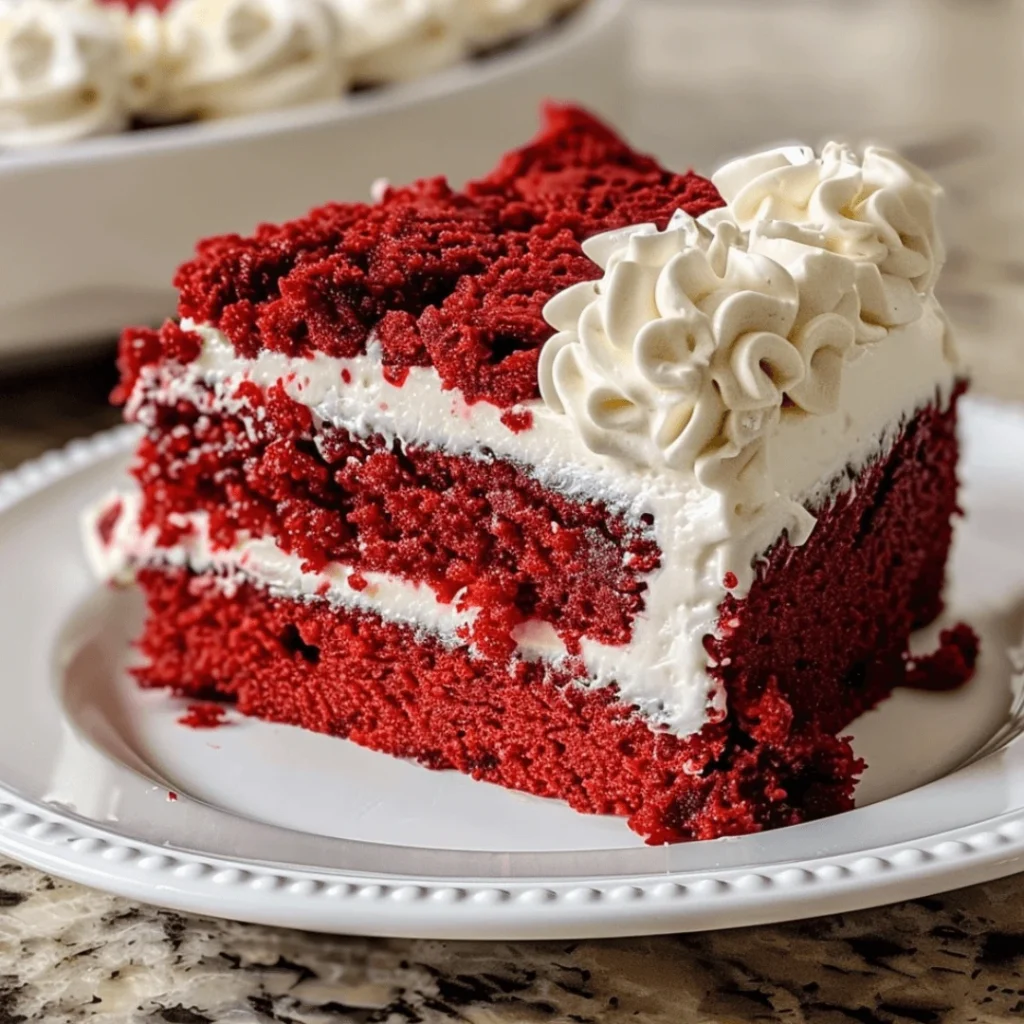 Slice of moist red velvet poke cake with cream cheese frosting on a white plate