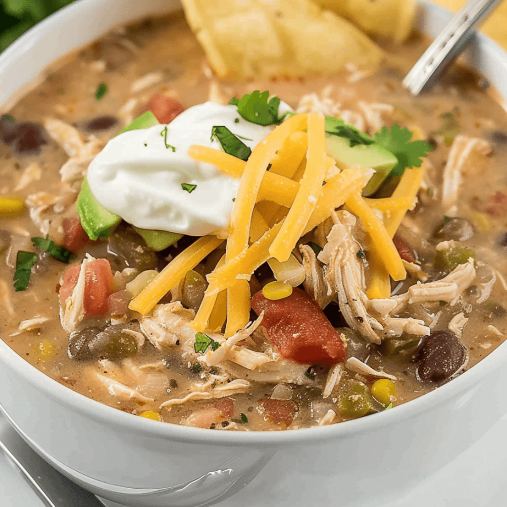 Easy White Chicken Chili Recipe | Creamy, Cozy & Delicious Crockpot Slow Cooker Dinner 1 Bowl of creamy white chicken chili topped with cilantro, tortilla strips, and lime