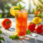 Glass of refreshing Tomato Lemonade recipe with lemon and mint garnish