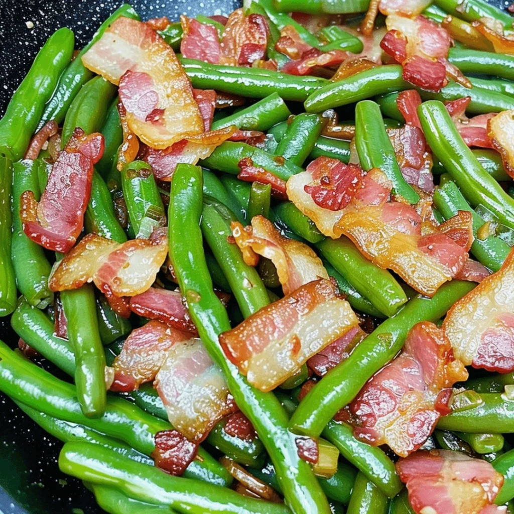 Fresh Southern green beans with crispy turkey bacon in a skillet