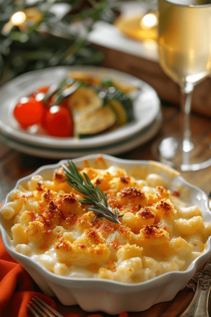 Gouda mac and cheese with roasted vegetables and wine