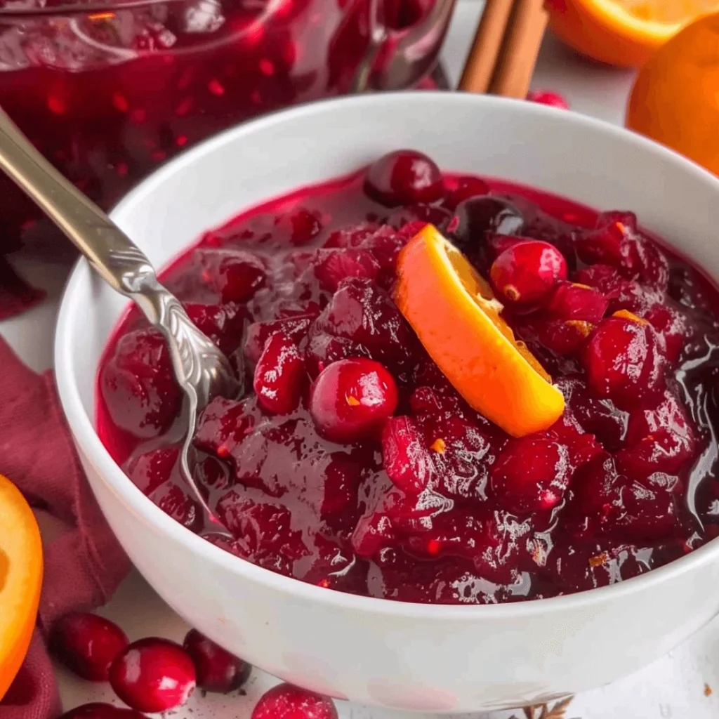 Homemade Cranberry Orange Sauce – Easy Thanksgiving Recipe 1 Homemade cranberry orange sauce in a white bowl, garnished with orange zest.