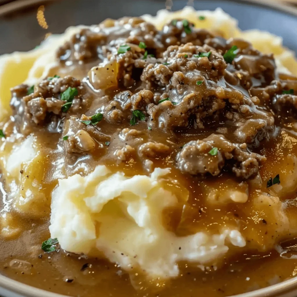 Homestyle Hamburger Gravy & Mashed Potatoes | Easy Comfort Food Recipe 1 Homestyle hamburger gravy served over creamy mashed potatoes on a plate