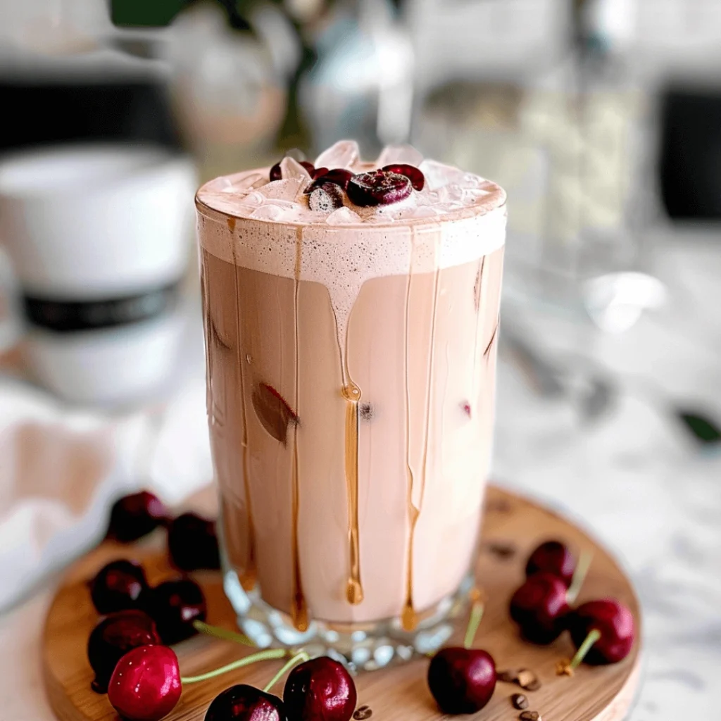Iced Cherry Chai Latte | Easy Summer Drink Recipe 1 Iced Cherry Chai Latte in a glass with cherry foam on top and ice cubes