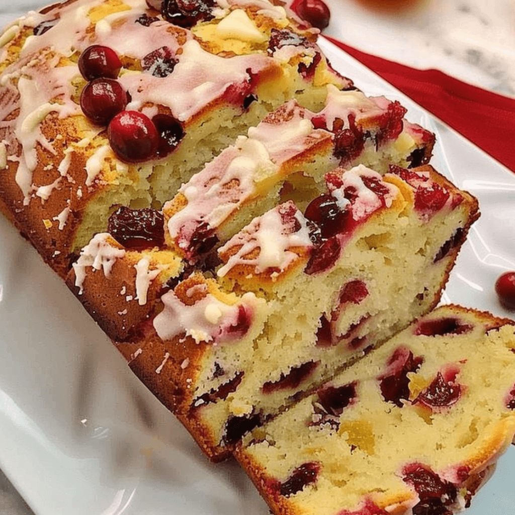 Moist Cranberry Orange Bread – Easy Fresh Cranberry Loaf Recipe for Holidays 1 Moist cranberry orange bread loaf with fresh cranberries and orange zest, sliced on a wooden board.