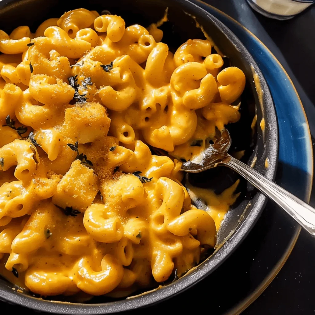 Creamy one pot pumpkin mac and cheese topped with fresh herbs in a white bowl.