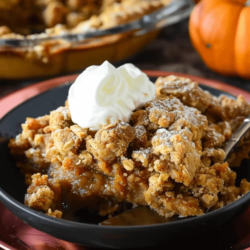 Pumpkin Pie Crisp Recipe | Easy Thanksgiving Dessert Idea Everyone Will Love 1 Easy Pumpkin Pie Crisp with golden topping served warm for Thanksgiving dessert