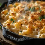 Smoked Gouda Mac and Cheese baked in cast iron skillet with crispy golden crust