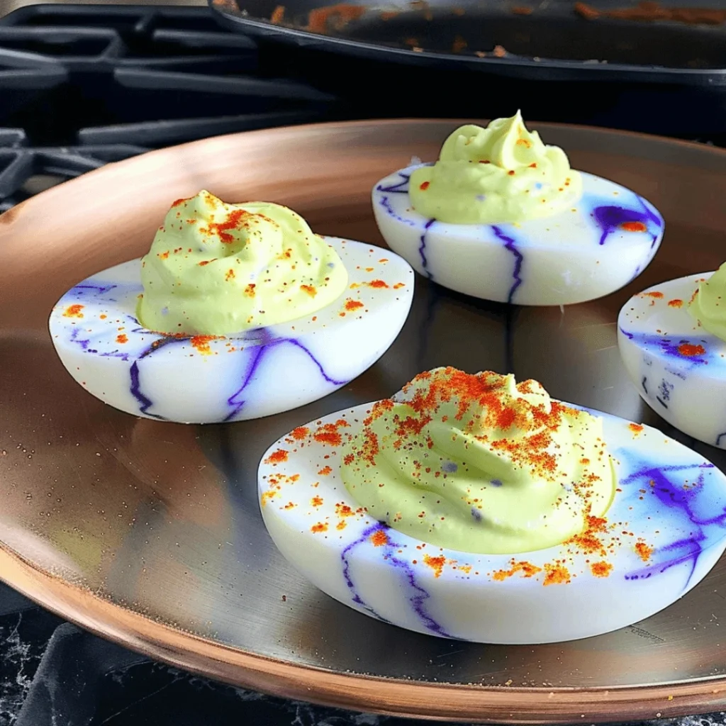 Spooky Halloween Deviled Eggs | Easy Halloween Party Appetizer Recipe Idea 1 Spooky Halloween deviled eggs with green filling and olive “eyeball” garnish