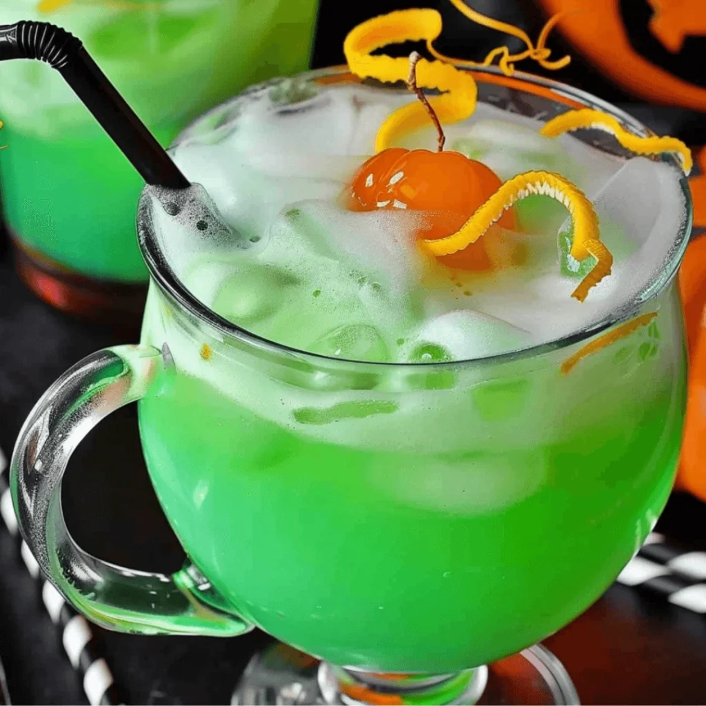 Spooky Halloween Punch for Kids | Fun & Easy Halloween Party Drink Recipe Idea 1 Green spooky Halloween punch with lime sherbet and gummy worms in a cauldron bowl.