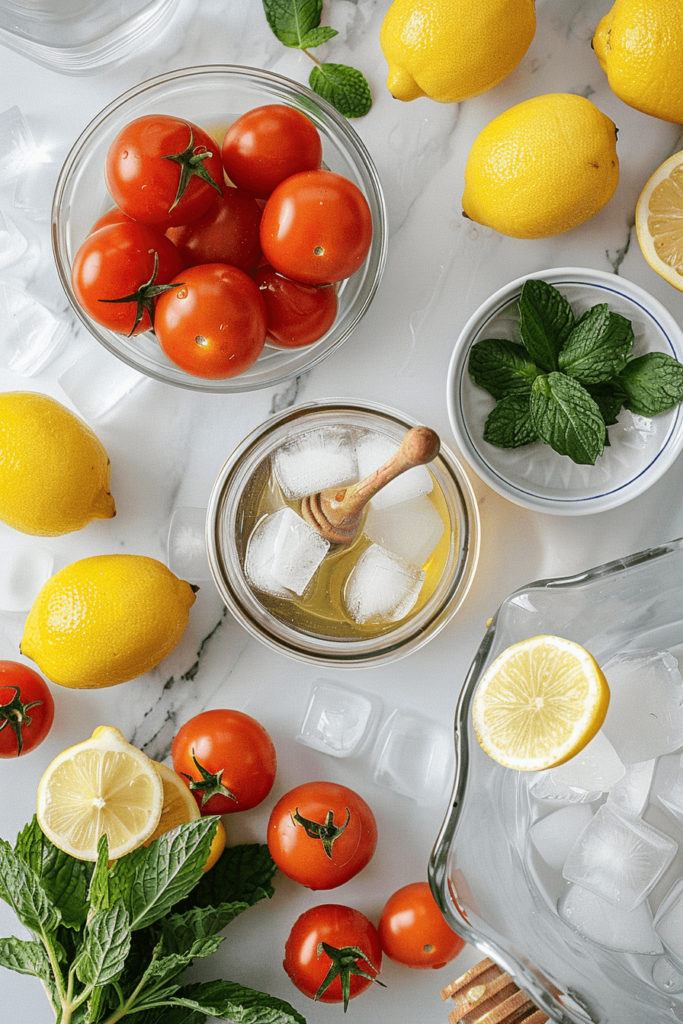 Ingredients for Tomato Lemonade recipe including tomatoes, lemons, honey, and mint
