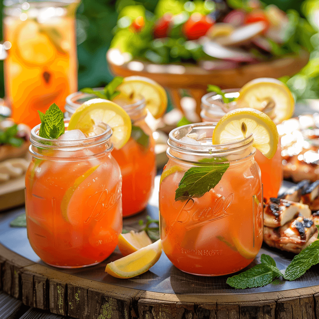 Tomato Lemonade served in mason jars with summer picnic foods
