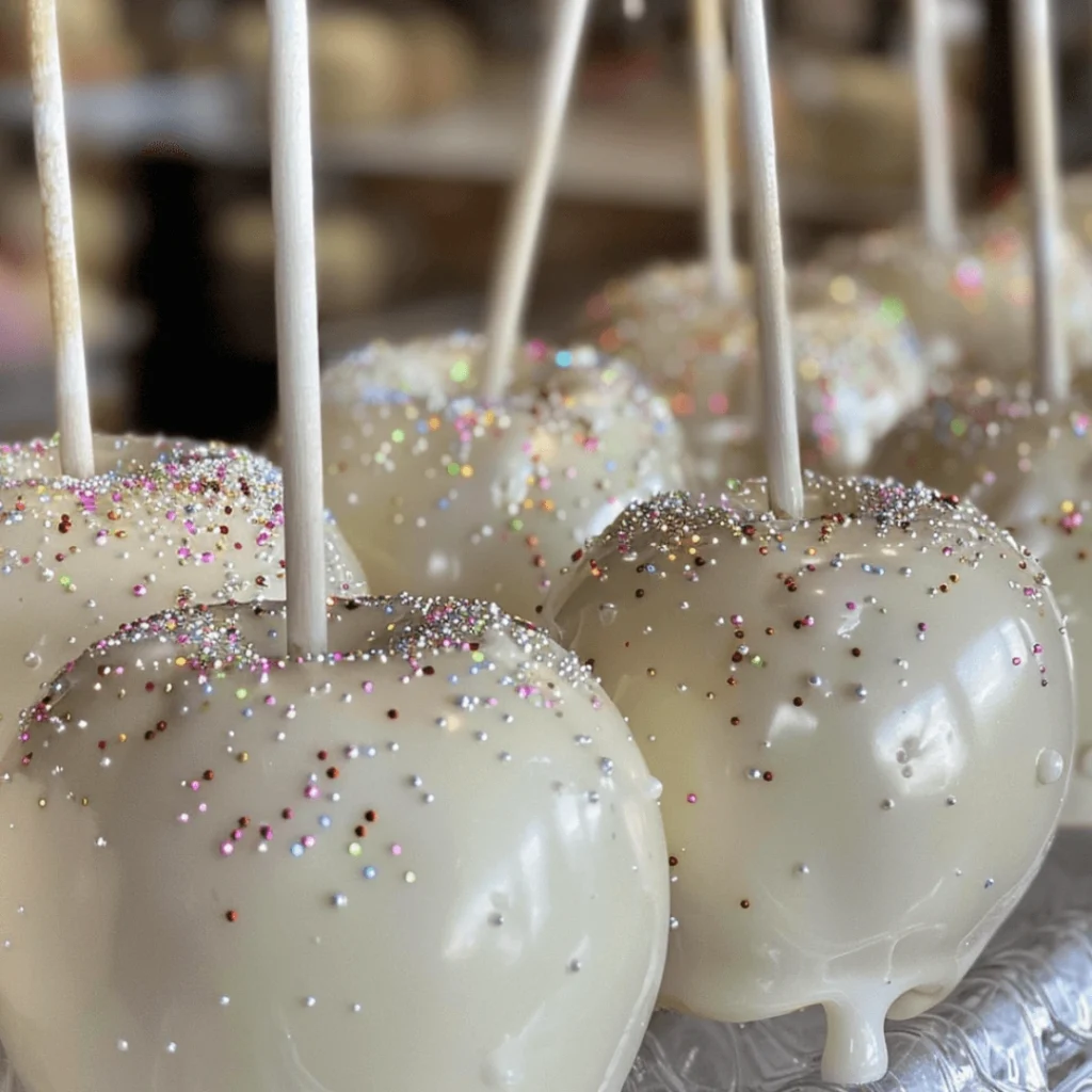 Elegant white sparkle candy apples with edible glitter, perfect for weddings and winter parties
