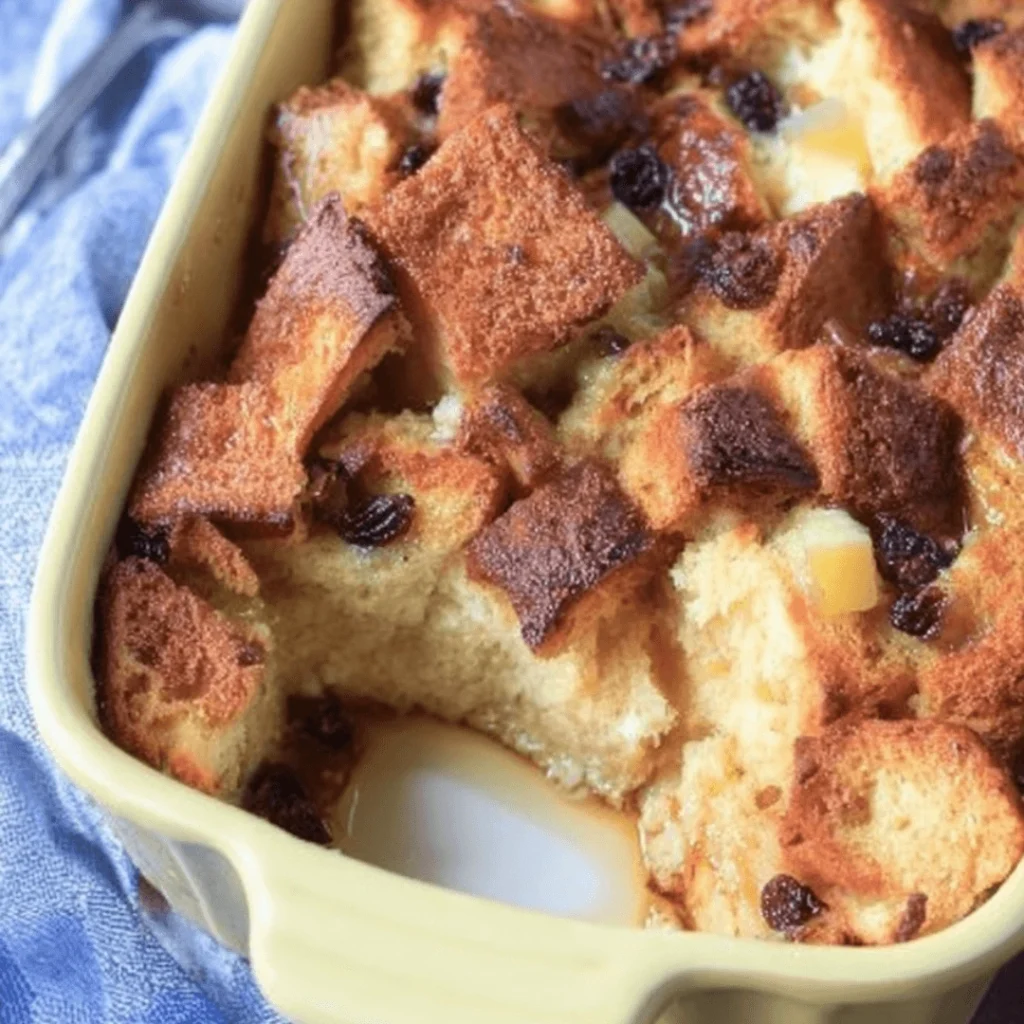 Classic old-fashioned bread pudding served warm with golden top.