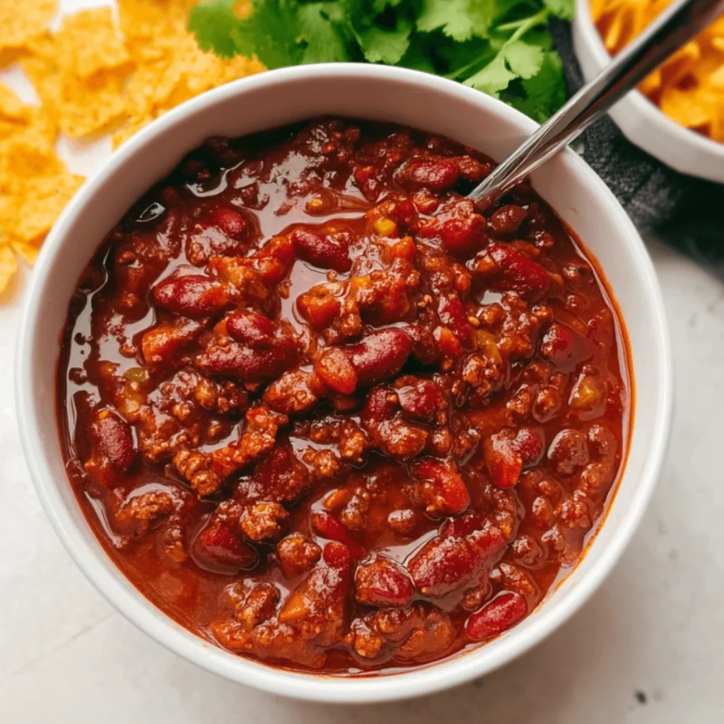 Award-winning easy Crockpot chili served in a bowl with cheese and sour cream toppings.