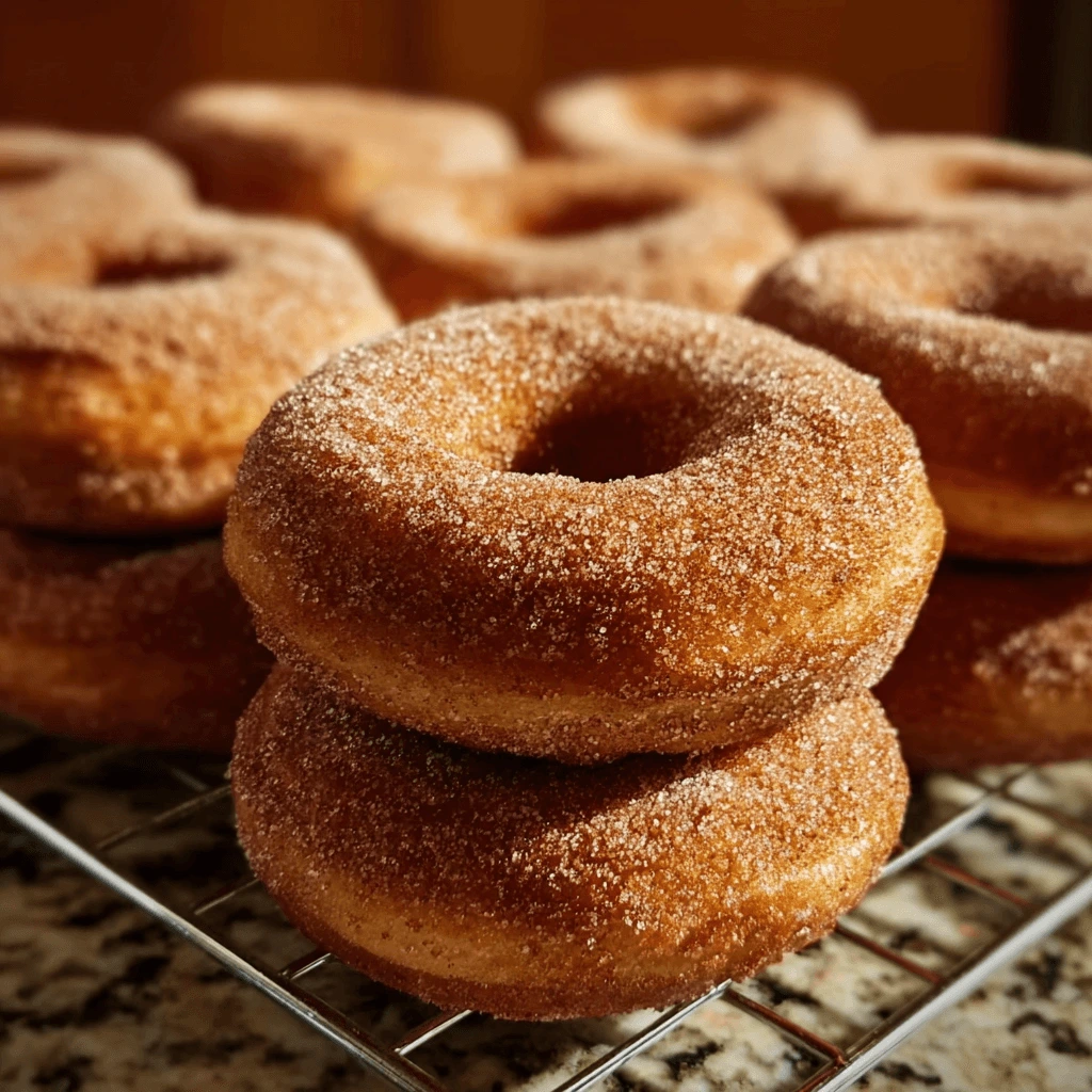 Delicious Baked Apple Cider Donuts – Perfect Fall Treat Recipe! 1 Freshly baked apple cider donuts coated with cinnamon sugar, served on a plate.