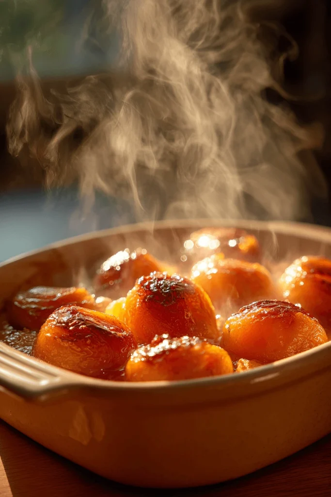 Baked frozen peaches in ceramic dish