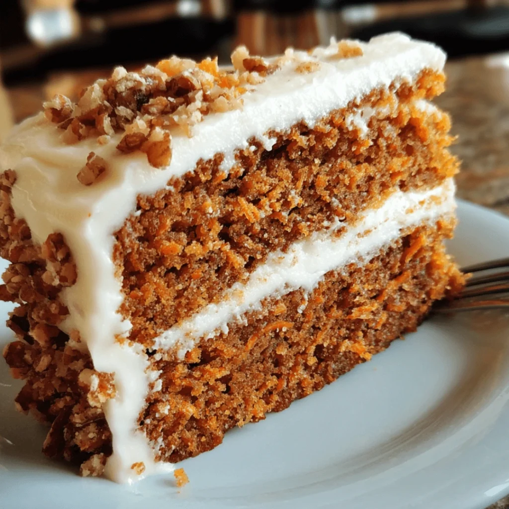 Best Classic Carrot Cake Recipe with Cream Cheese Frosting | Moist & Easy Dessert 1 Best homemade carrot cake with cream cheese frosting on a plate.