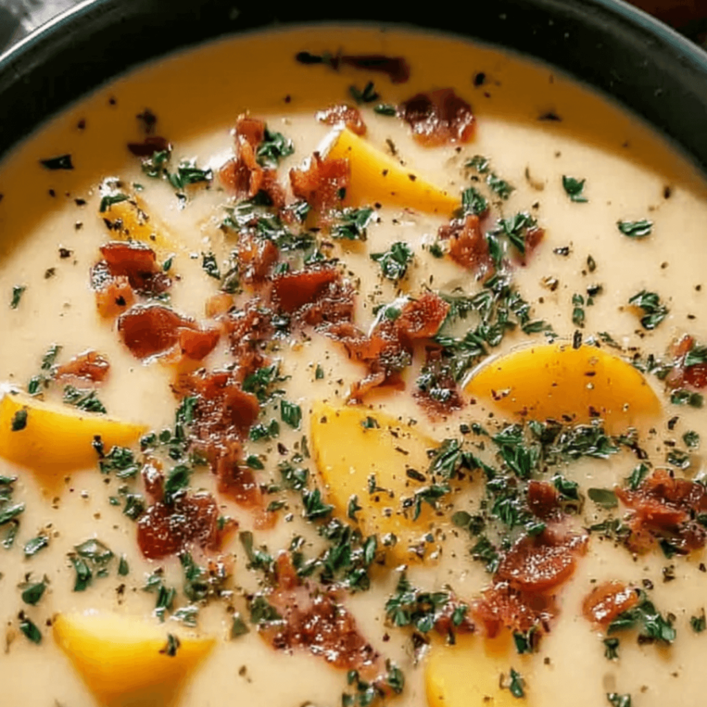 Bowl of creamy potato soup topped with green onions and turkey bacon crumbles