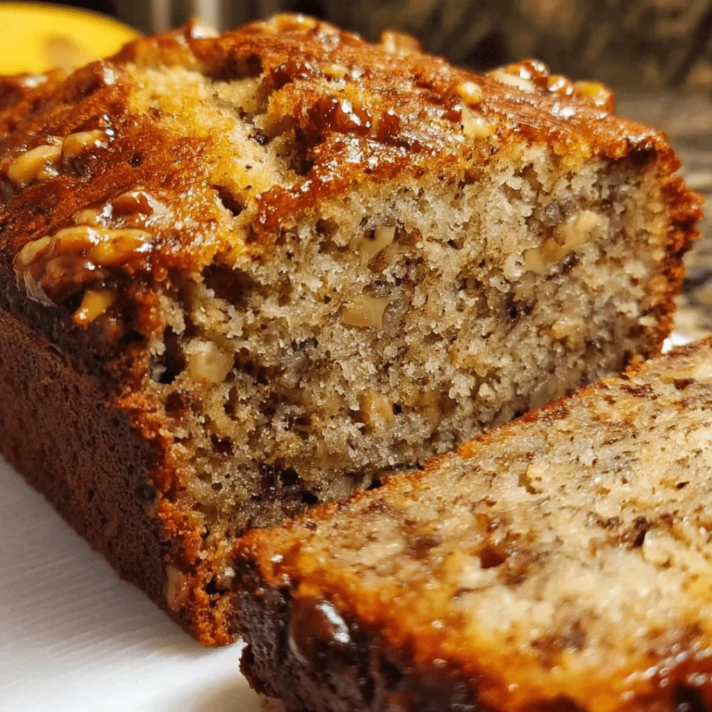 Moist homemade banana nut bread loaf topped with crunchy walnuts.