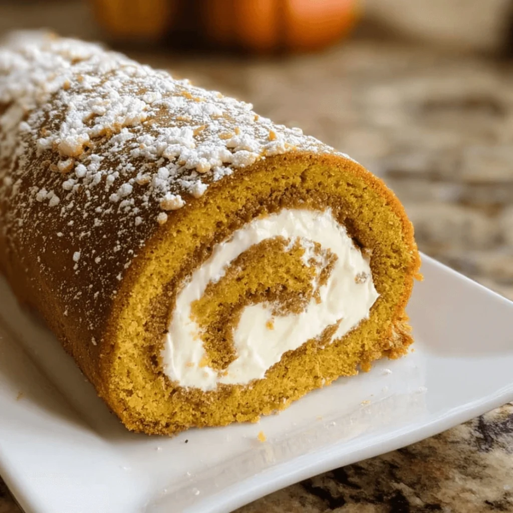 Pumpkin roll with cream cheese filling dusted with powdered sugar on a wooden board.