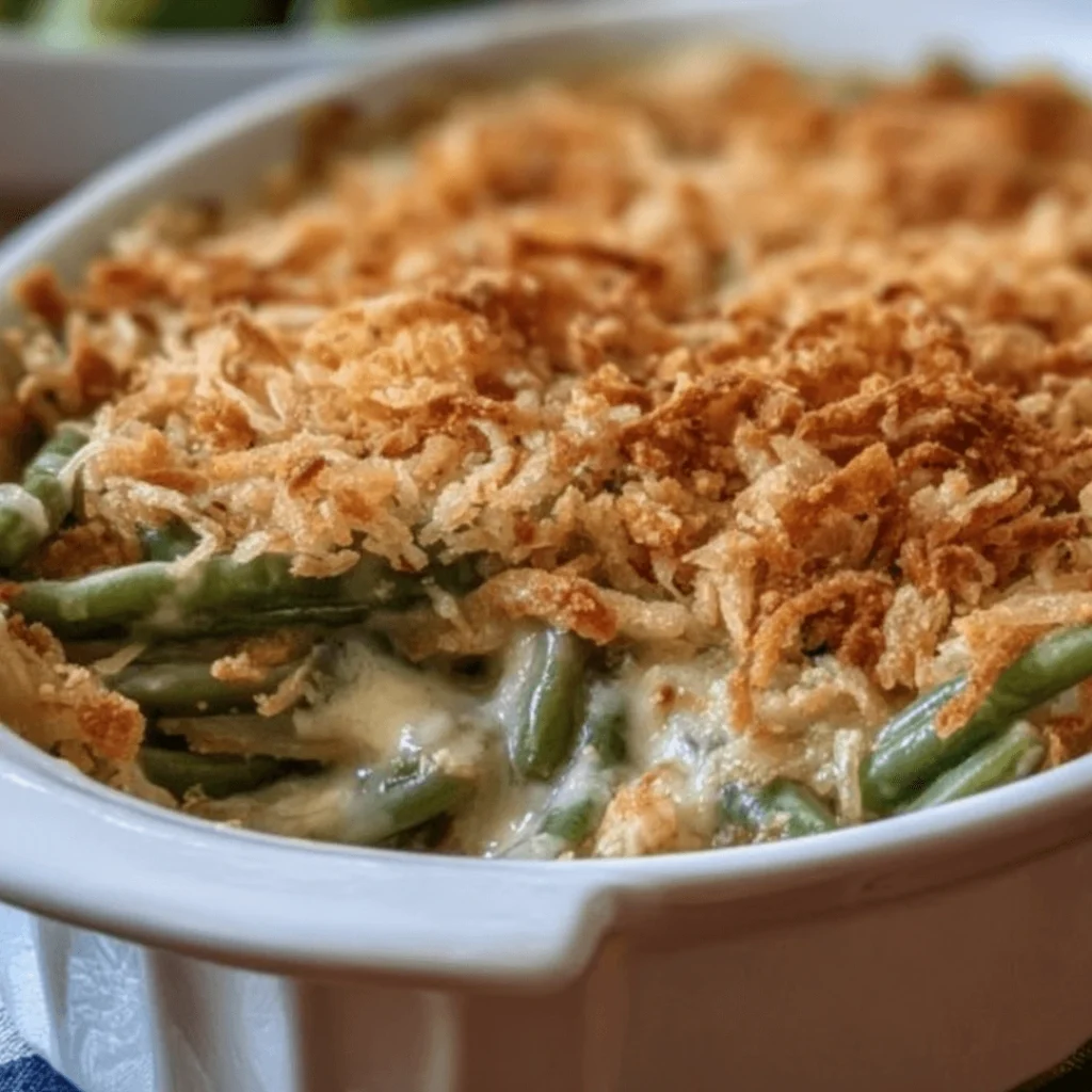 Best Southern Green Bean Casserole Recipes for Thanksgiving Dinner 1 Best Southern Green Bean Casserole served in a baking dish with crispy fried onion topping.