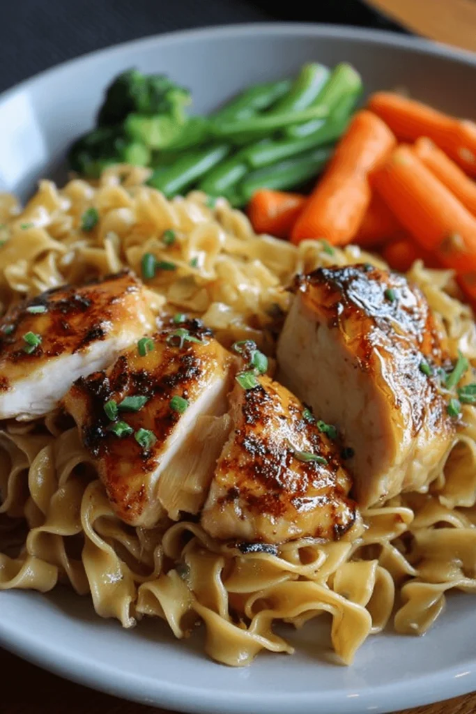 Cafeteria noodles recipe served with chicken and vegetables
