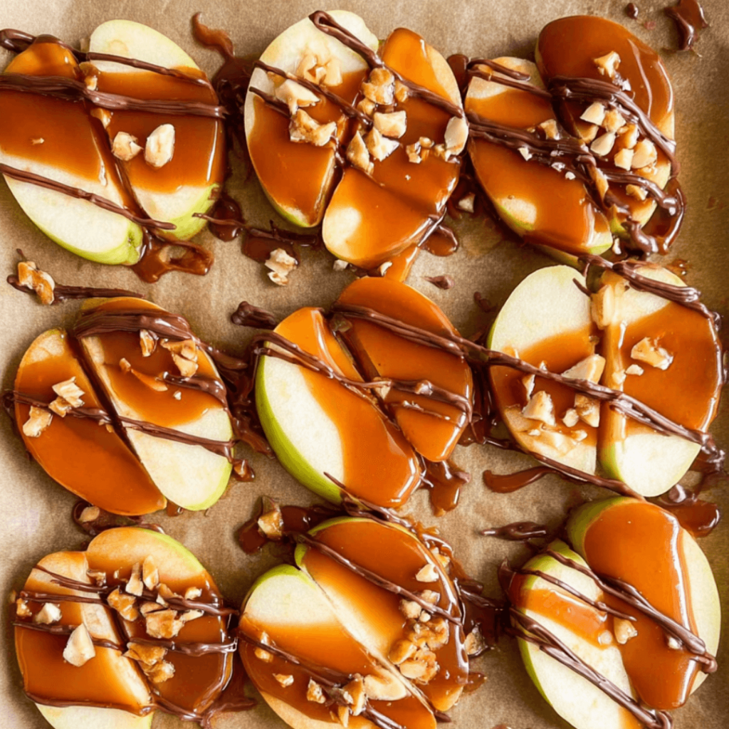 Caramel apple slices dipped in caramel and topped with nuts, sprinkles, and chocolate chips.