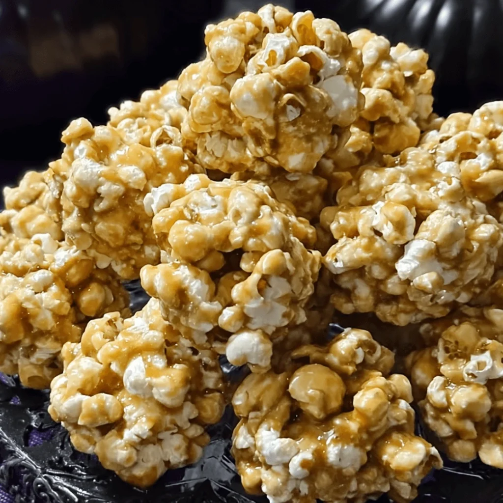 Caramel popcorn balls on a parchment paper, cooling and ready to serve.
