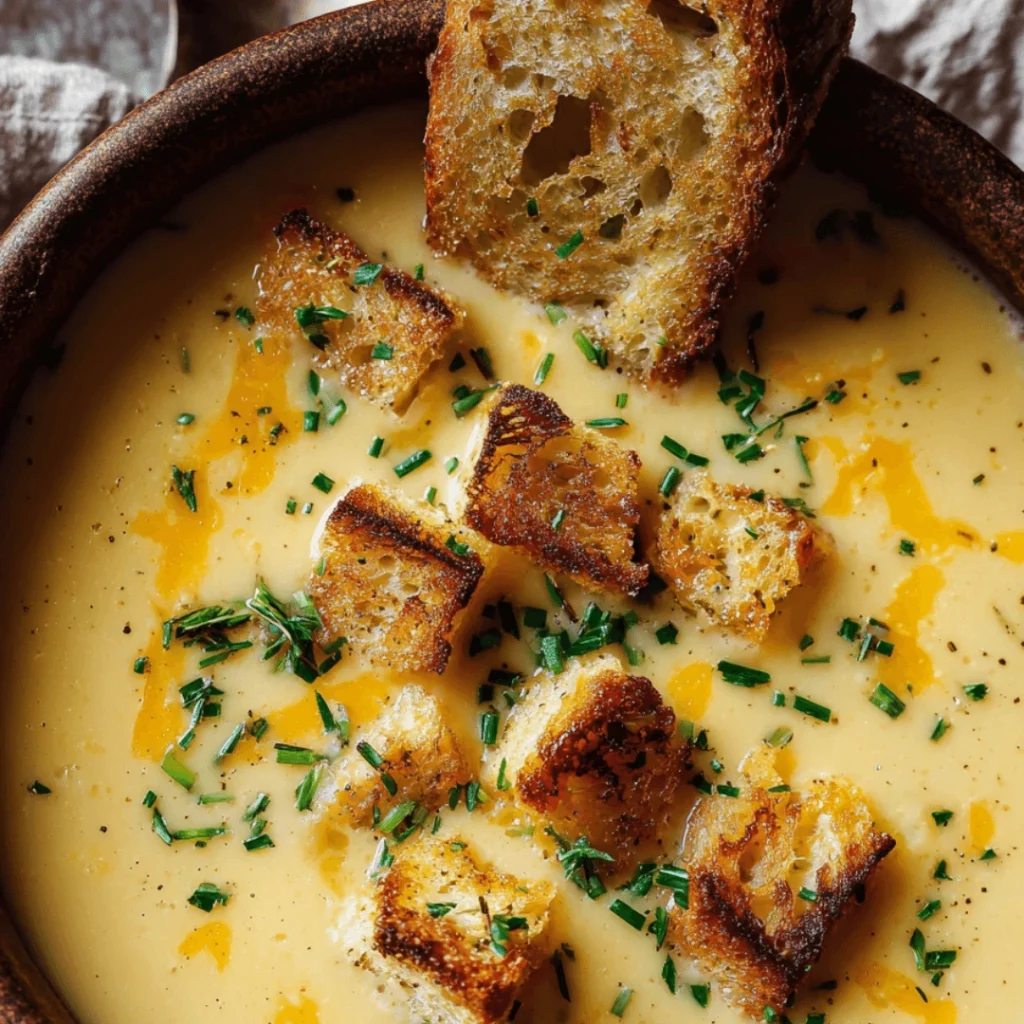 Creamy cheddar garlic herb potato soup served in a bowl with cheese garnish
