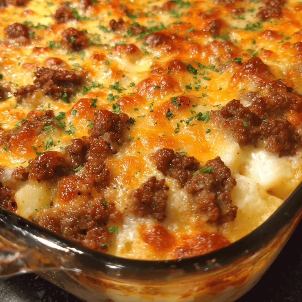 Cheesy ground beef and potato casserole baked in a one-pan dish with golden topping.
