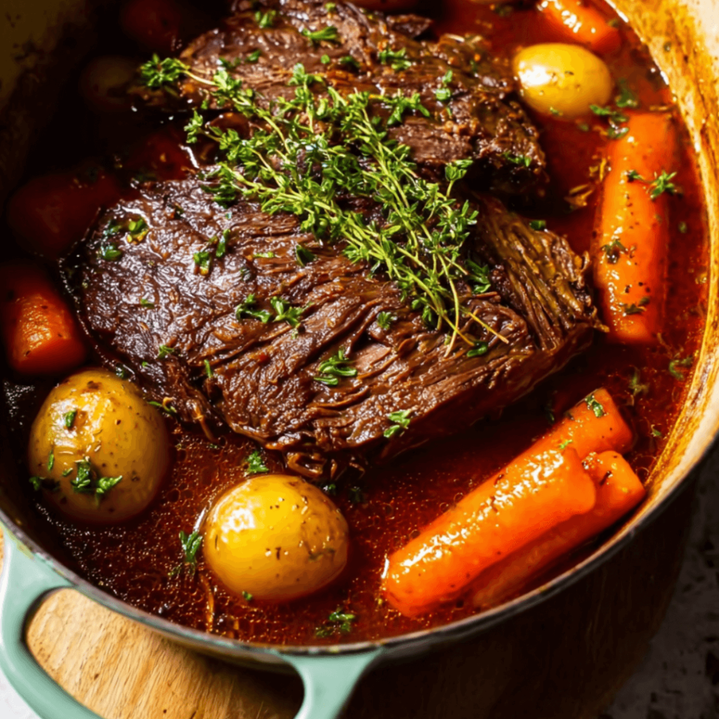Classic pot roast with potatoes, carrots, and herbs in a Dutch oven