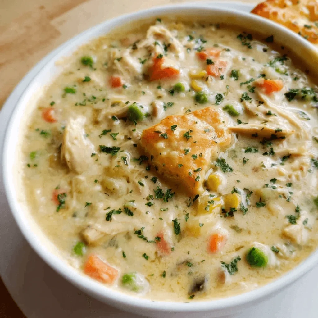 Bowl of creamy chicken pot pie soup with vegetables and fresh parsley garnish