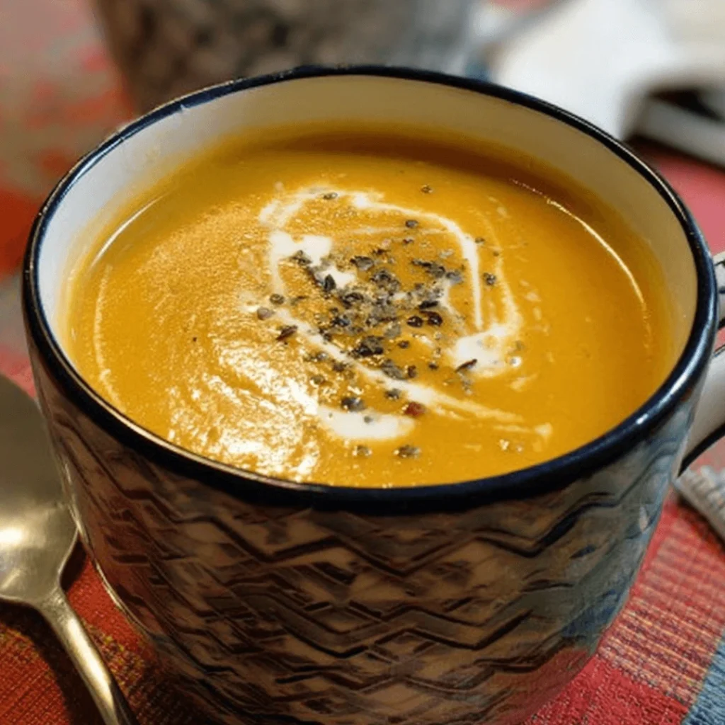 Cozy & creamy butternut squash soup in a bowl, garnished with pumpkin seeds and herbs.