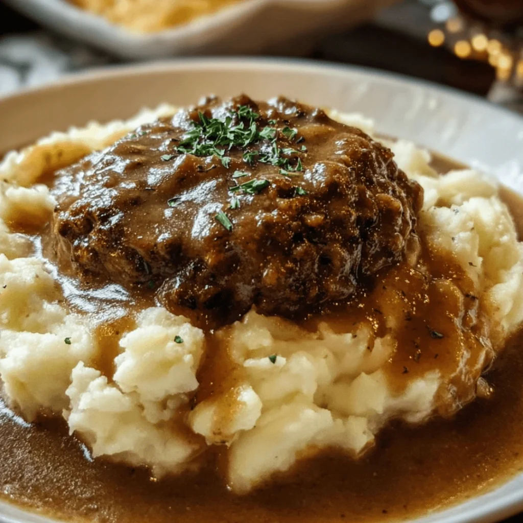 Cozy hamburger gravy served over creamy mashed potatoes with parsley garnish.