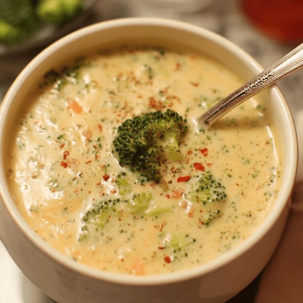 Cozy bowl of high-protein broccoli cheddar soup topped with shredded cheddar and parsley