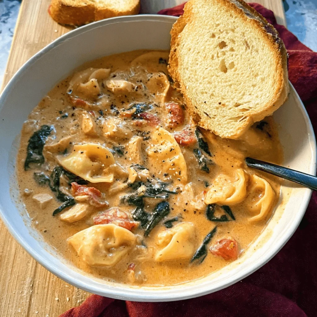 Bowl of creamy Tuscan-style chicken soup with wilted spinach and a sprinkle of Parmesan