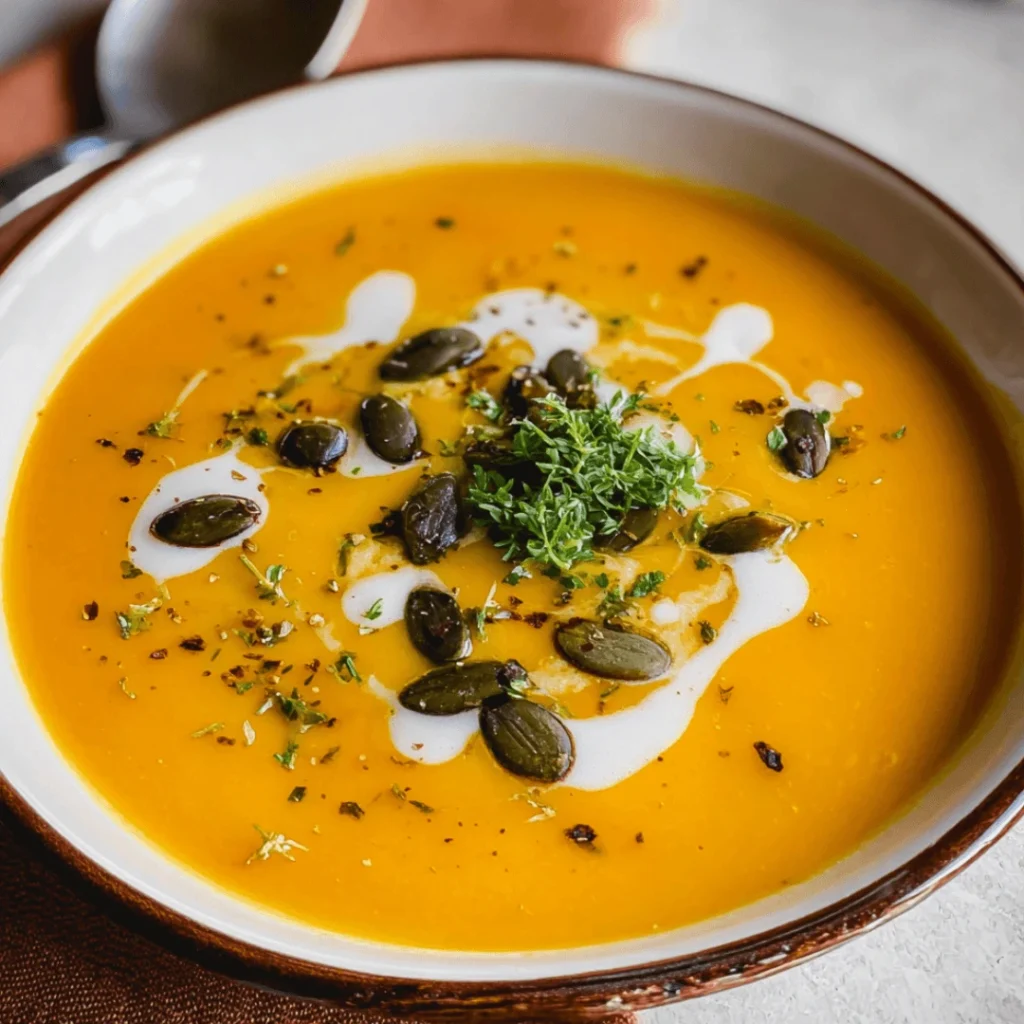 A bowl of creamy roasted pumpkin soup topped with yogurt, toasted pumpkin seeds, and fresh herbs
