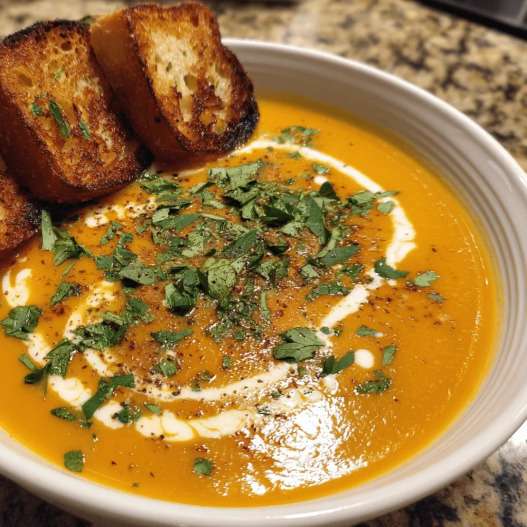 bowl of spicy butternut squash and sweet potato soup, garnished with herbs and pumpkin seeds