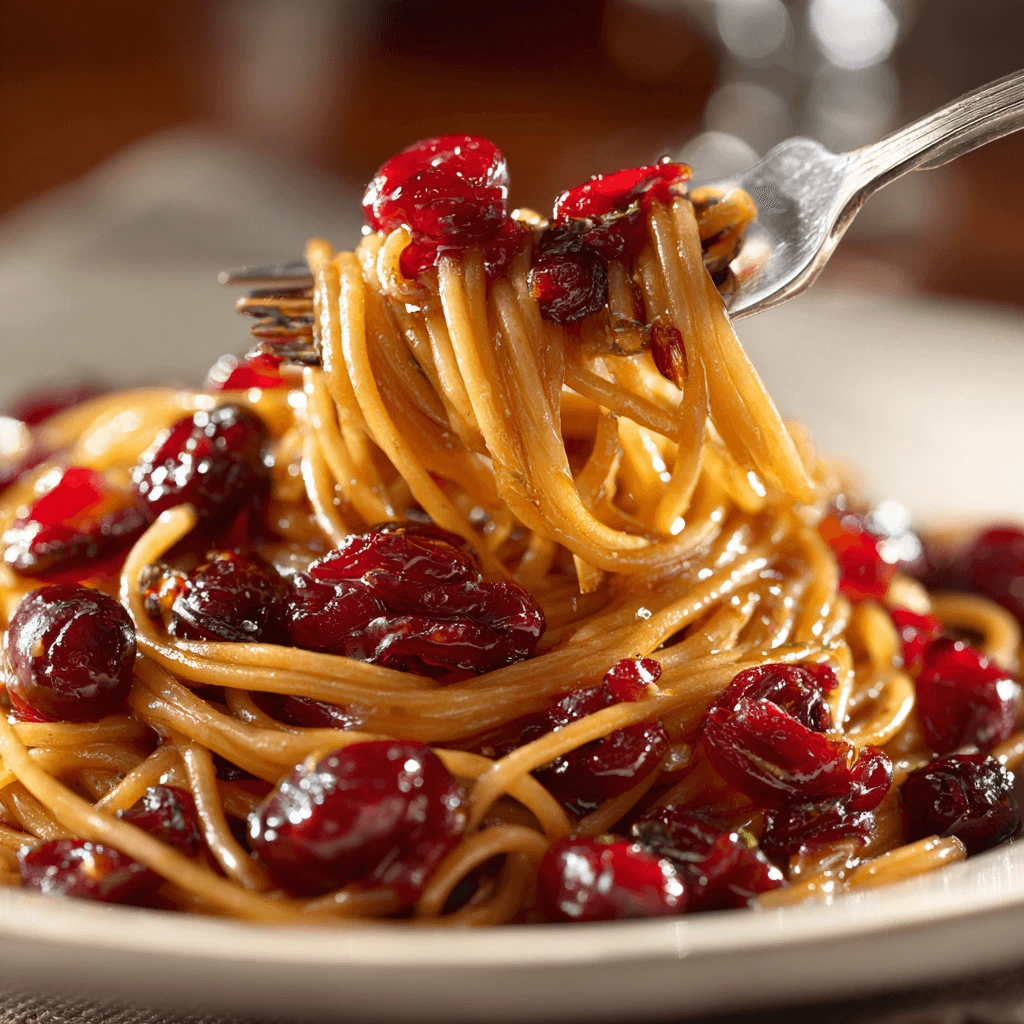 Cranberry Spaghetti served with tangy cranberry sauce on spaghetti noodles