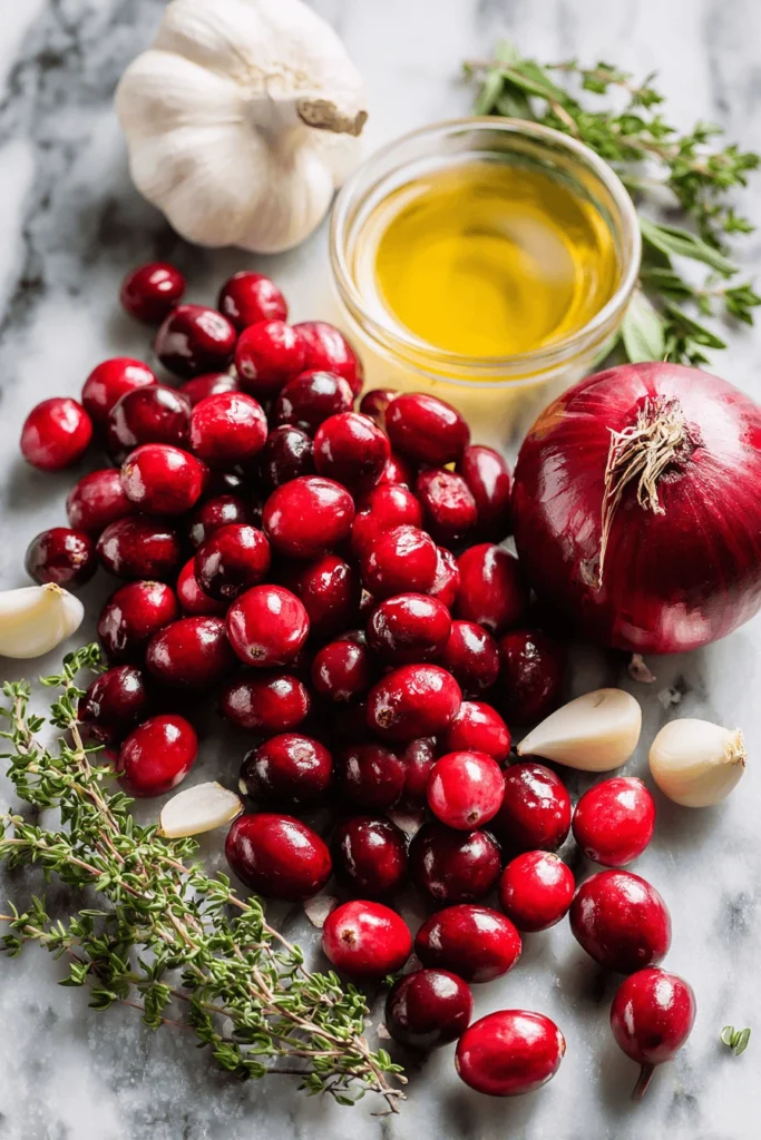Key ingredients for making cranberry spaghetti sauce including cranberries, onions, garlic, tomato sauce, olive oil, and herbs