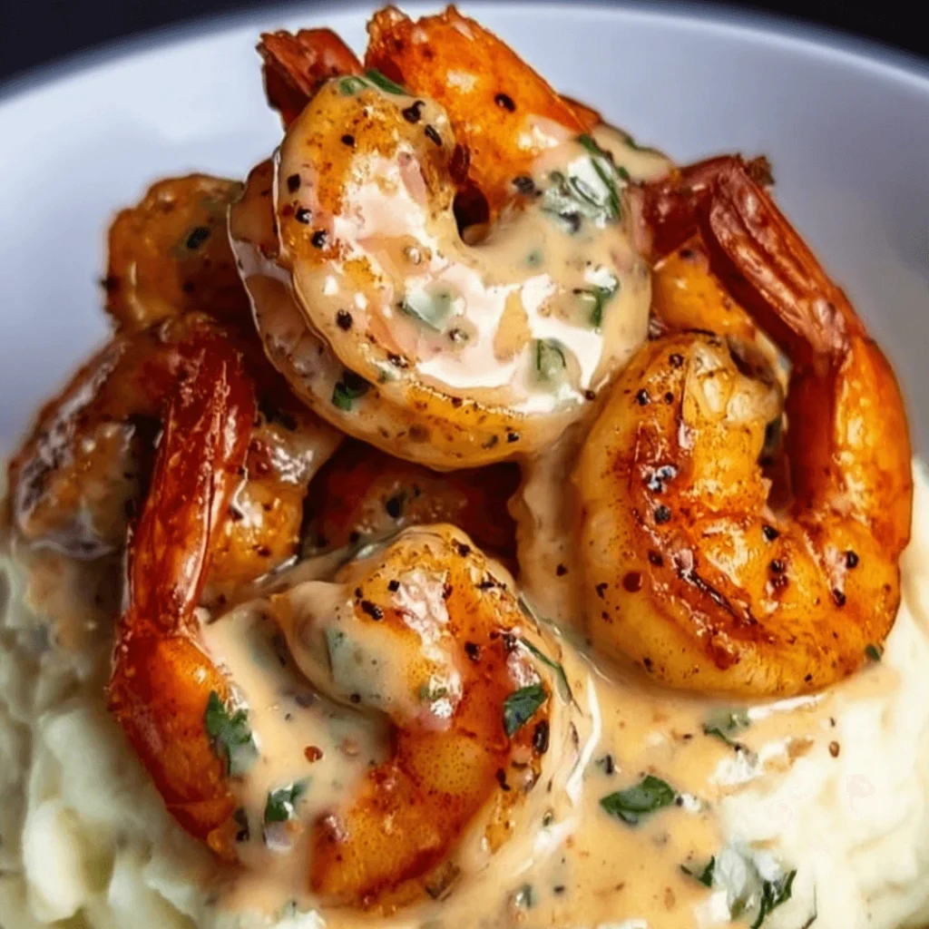 Creamy garlic shrimp served over mashed potatoes, garnished with parsley.