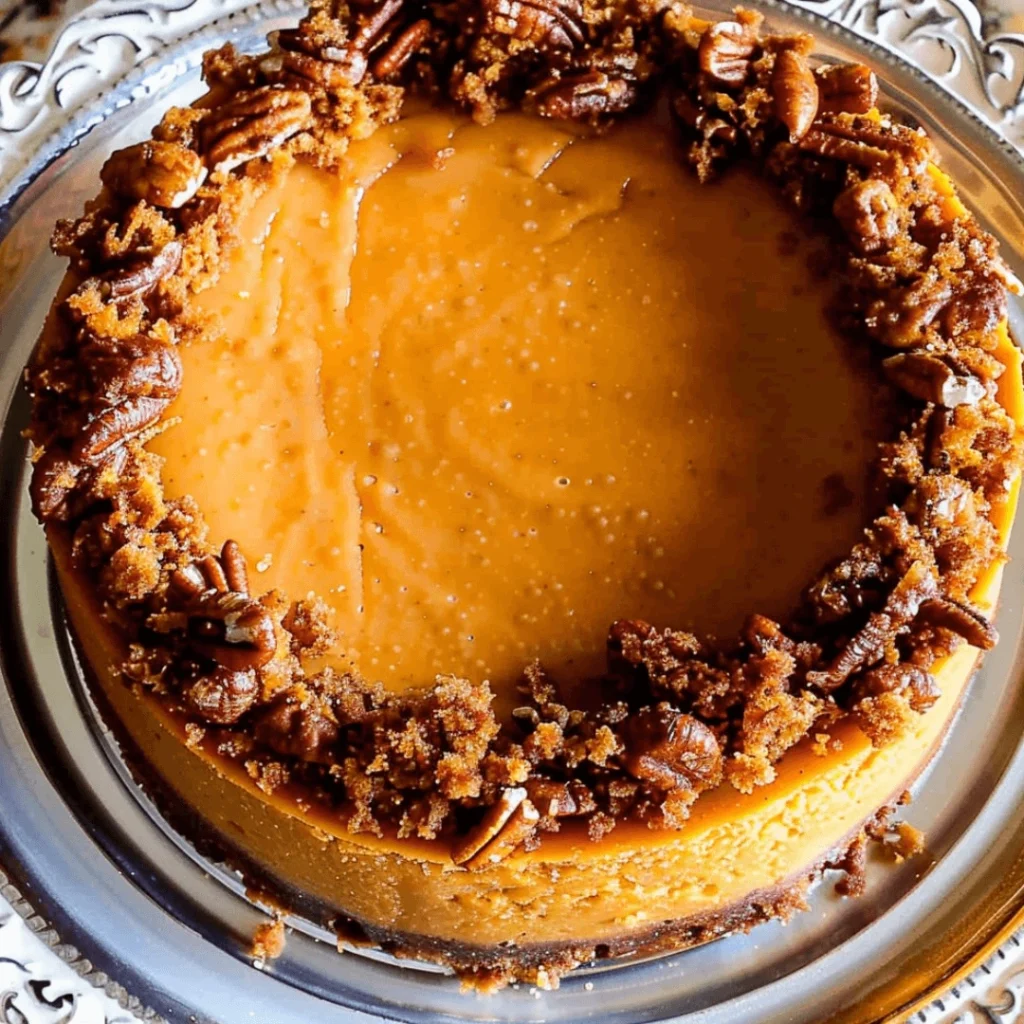 Creamy pumpkin cheesecake topped with whipped cream and cinnamon, perfect for fall.