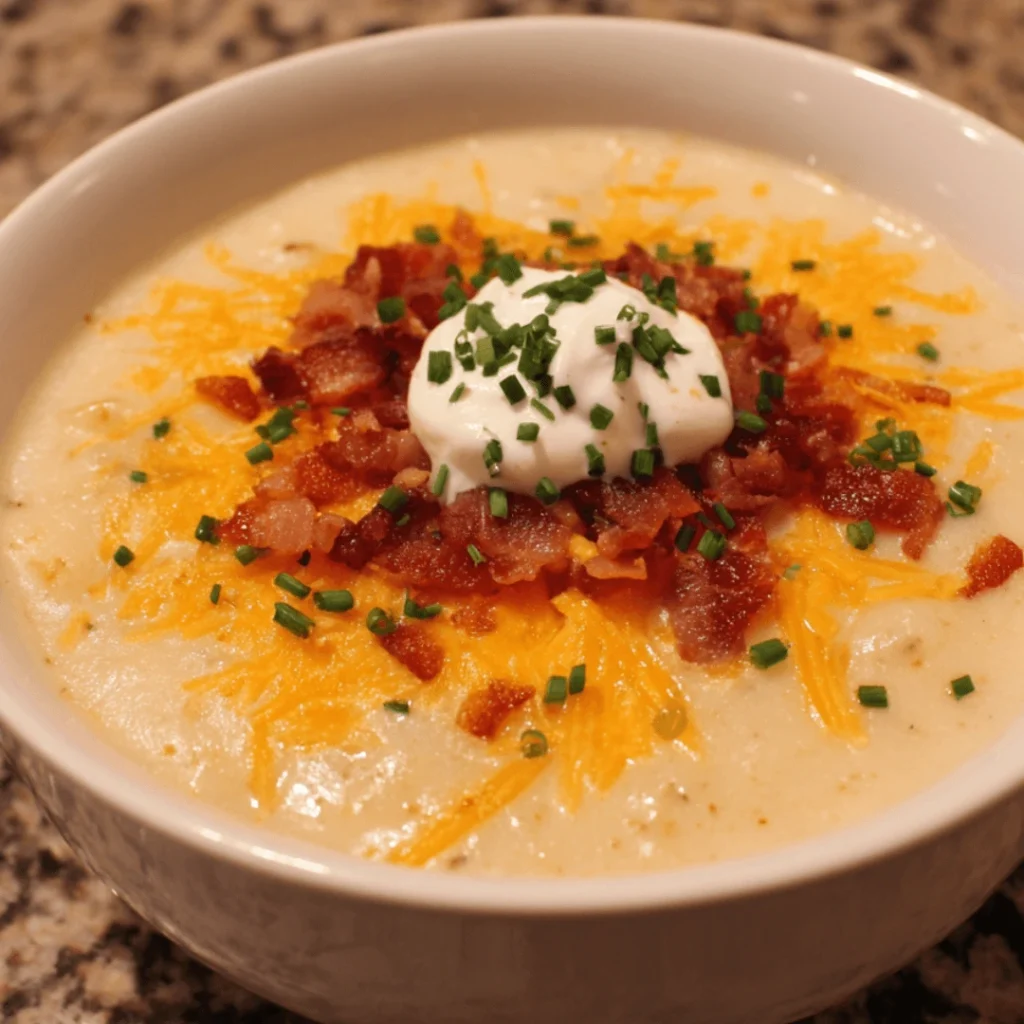 Crock Pot Crack Potato Soup in a bowl topped with cheese, turkey bacon, and green onions