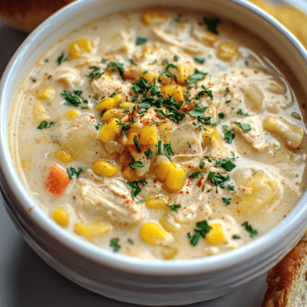 Crockpot chicken corn chowder served in a bowl with parsley garnish