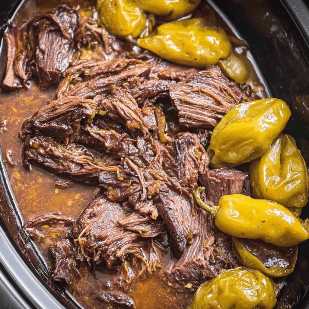 Crockpot Mississippi Pot Roast served with mashed potatoes and pepperoncini peppers.