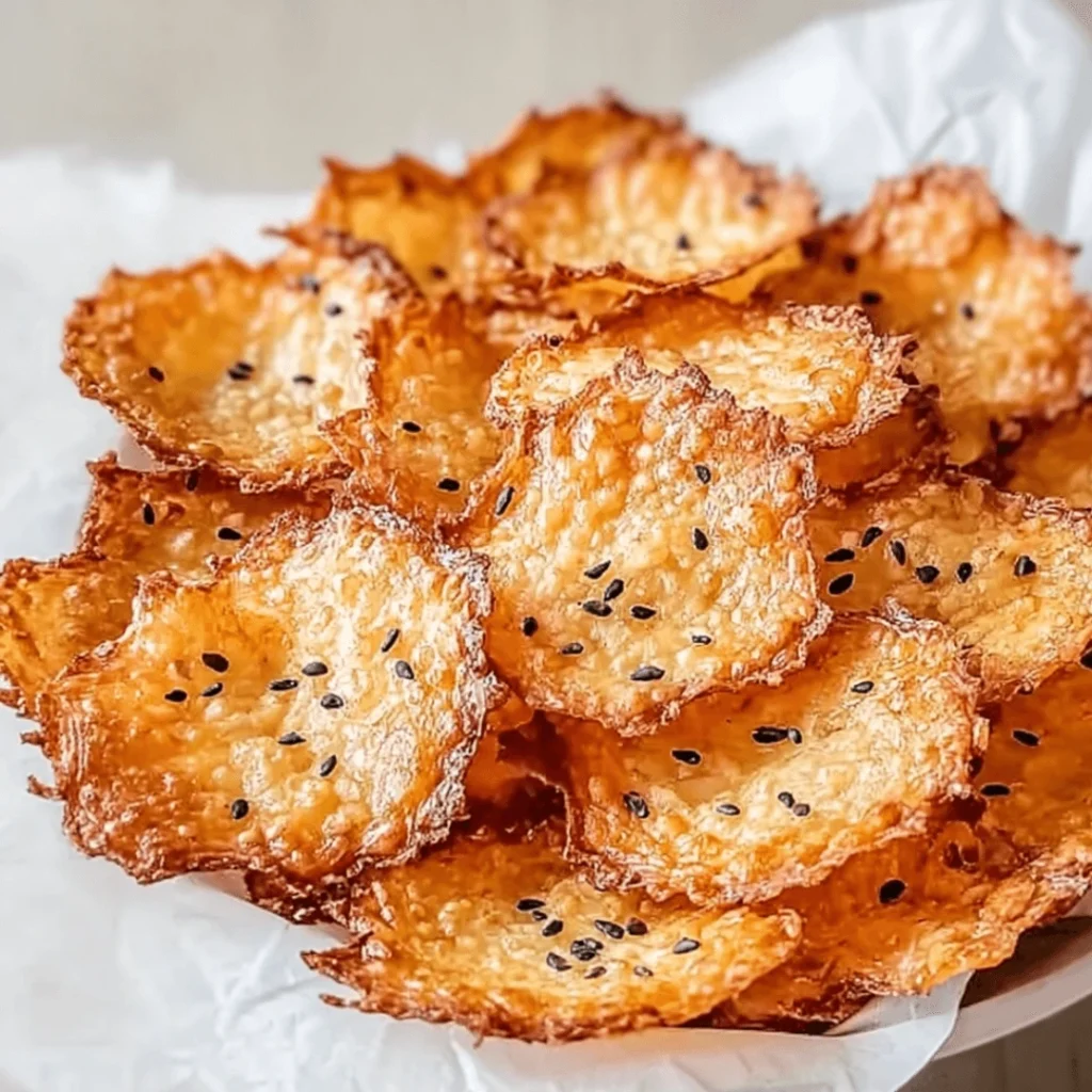 Crunchy Cottage Cheese Chips in Minutes – Easy & Delicious Snack 1 A plate of crispy, golden brown cottage cheese chips with a sprinkle of black pepper and garlic powder, served with dipping sauces.