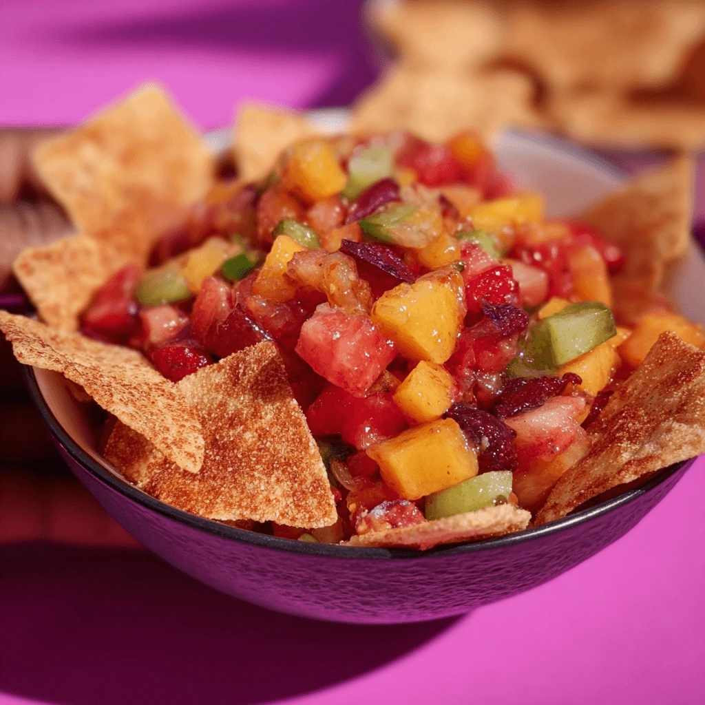 Dessert Chips and Fruit Salsa served in a rustic bowl
